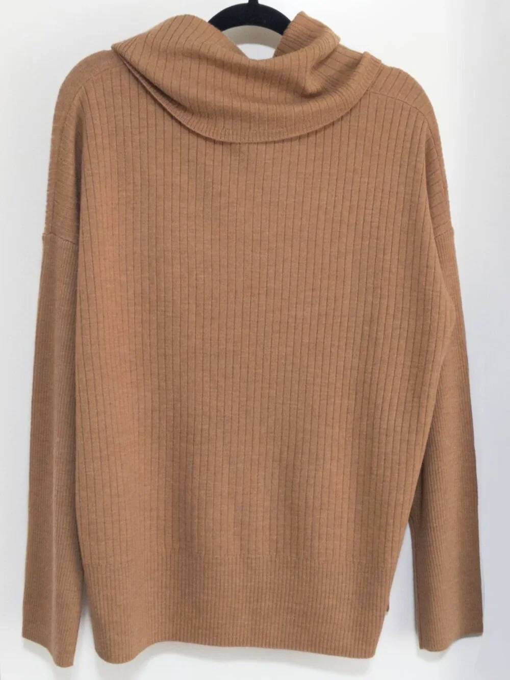Tahari XL Tan 100% Extra Fine Merino Wool Sweater Cowl Neck Luxury Ribbed NWT - Picture 2 of 4